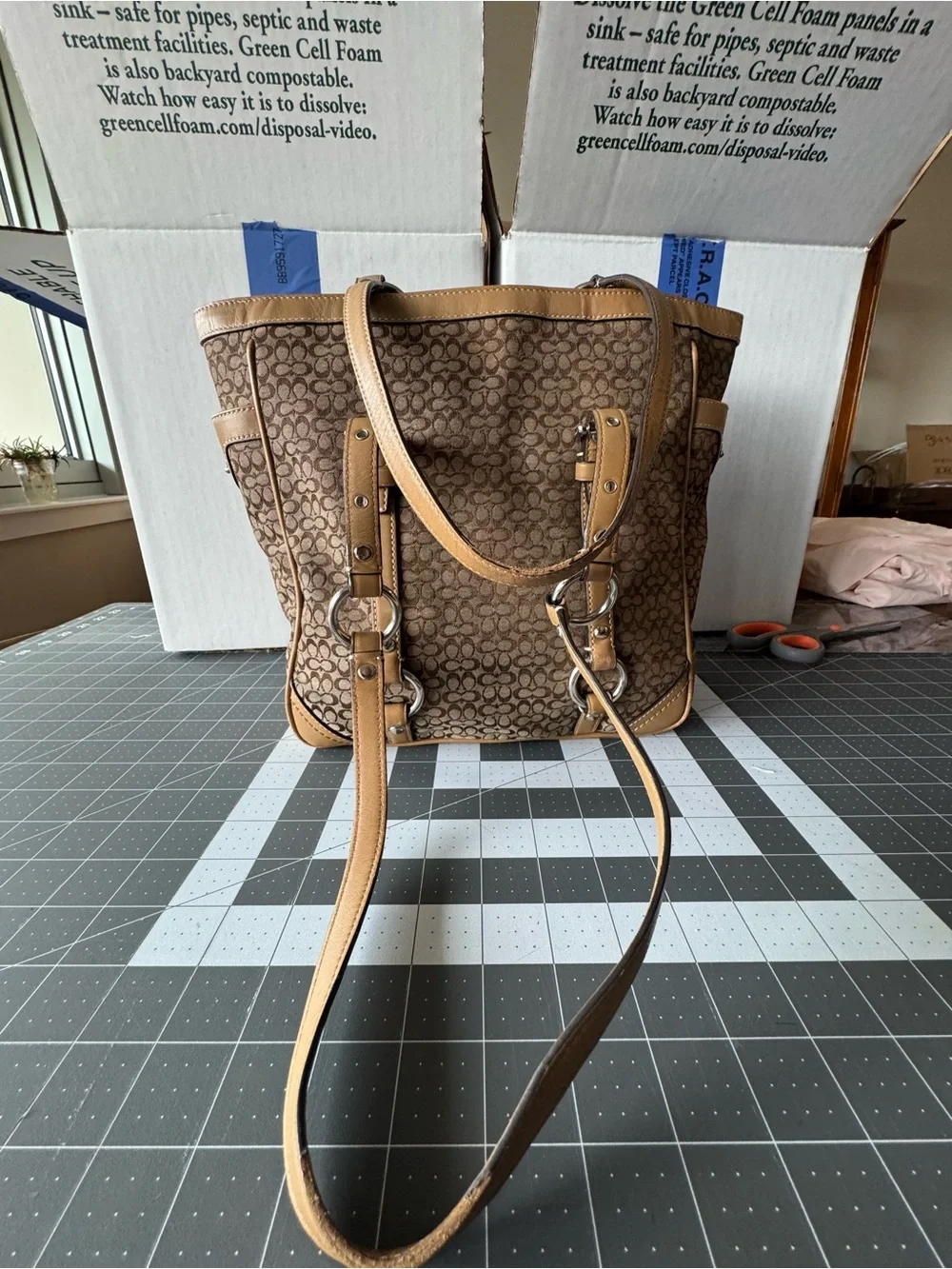 Coach Brown Signature Canvas Tote with Tan Leather Trim - Picture 8 of 16